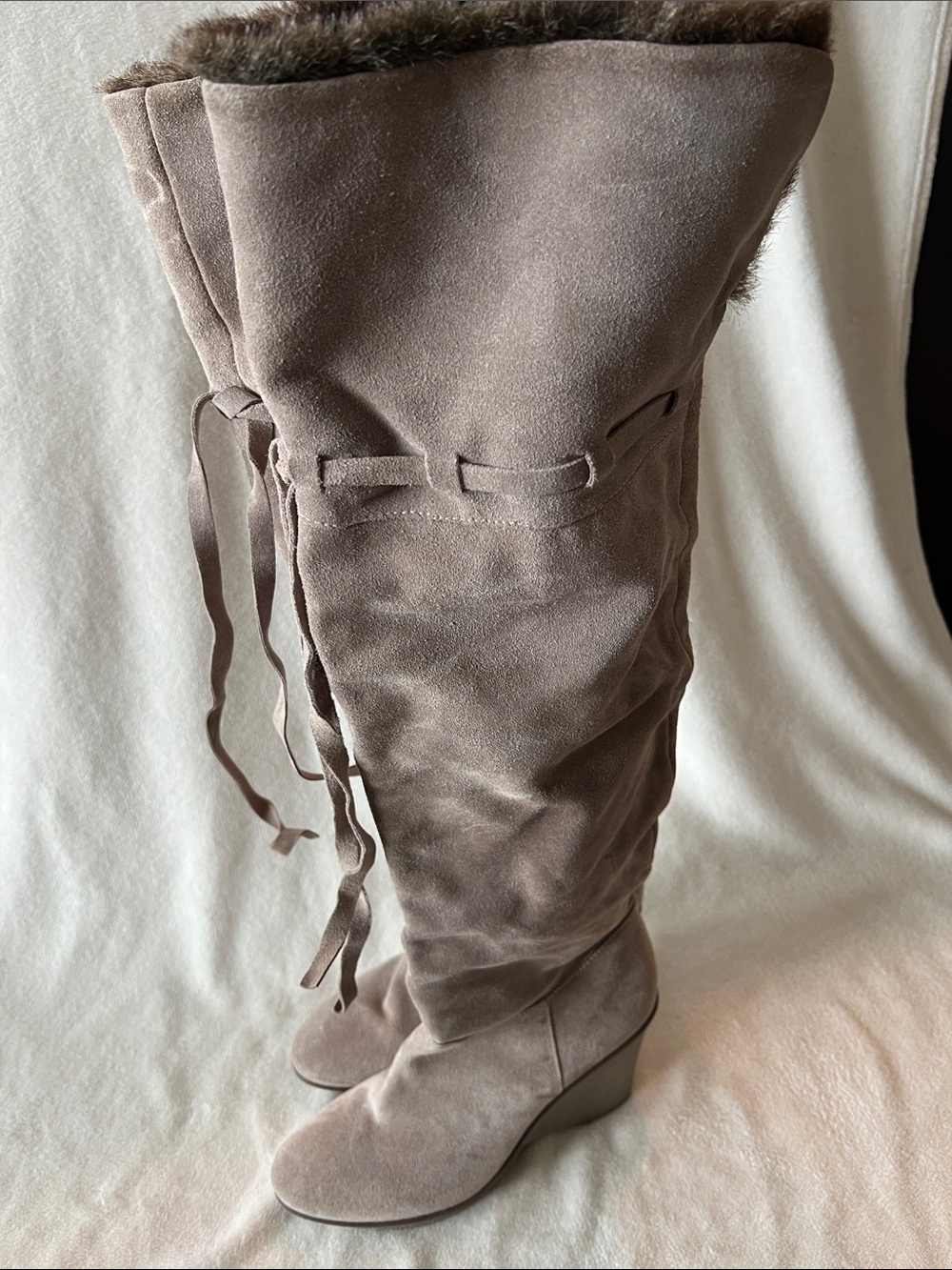 B. Makowsky Taupe Faux-Suede Over-the-Knee Wedge Boots with Fur Trim